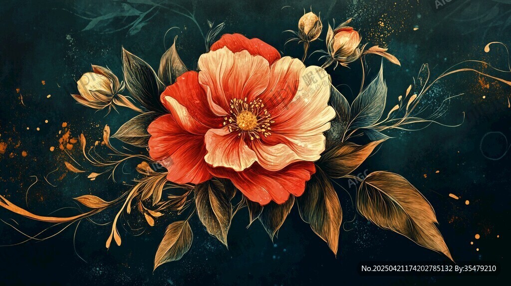 复古花卉插画 绚烂花朵绽放