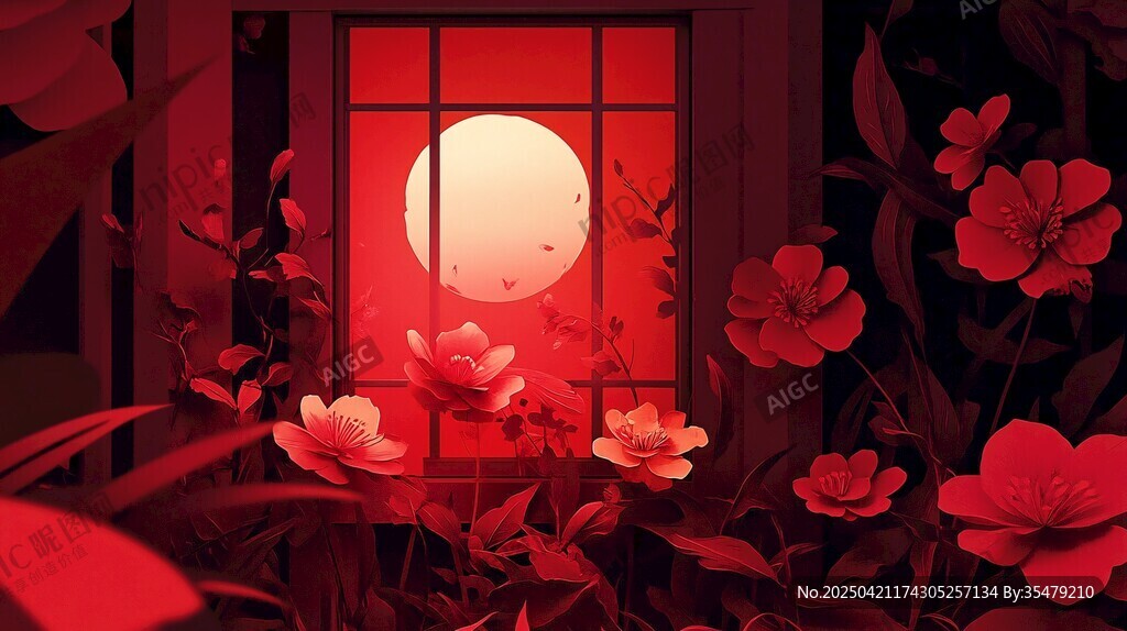 窗前红月伴繁花