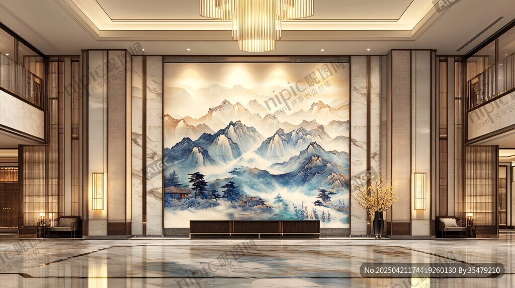 中式大堂巨幅山水壁画景观