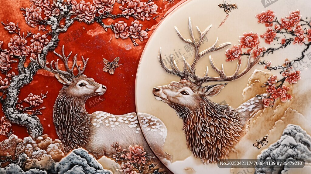 双鹿瑞景中式浮雕艺术图