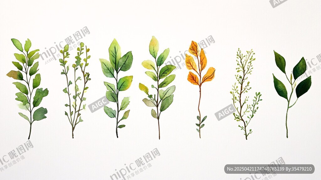 水彩绘多样叶片植物集
