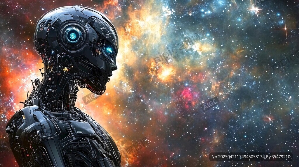 科幻机械人置身浩瀚星空