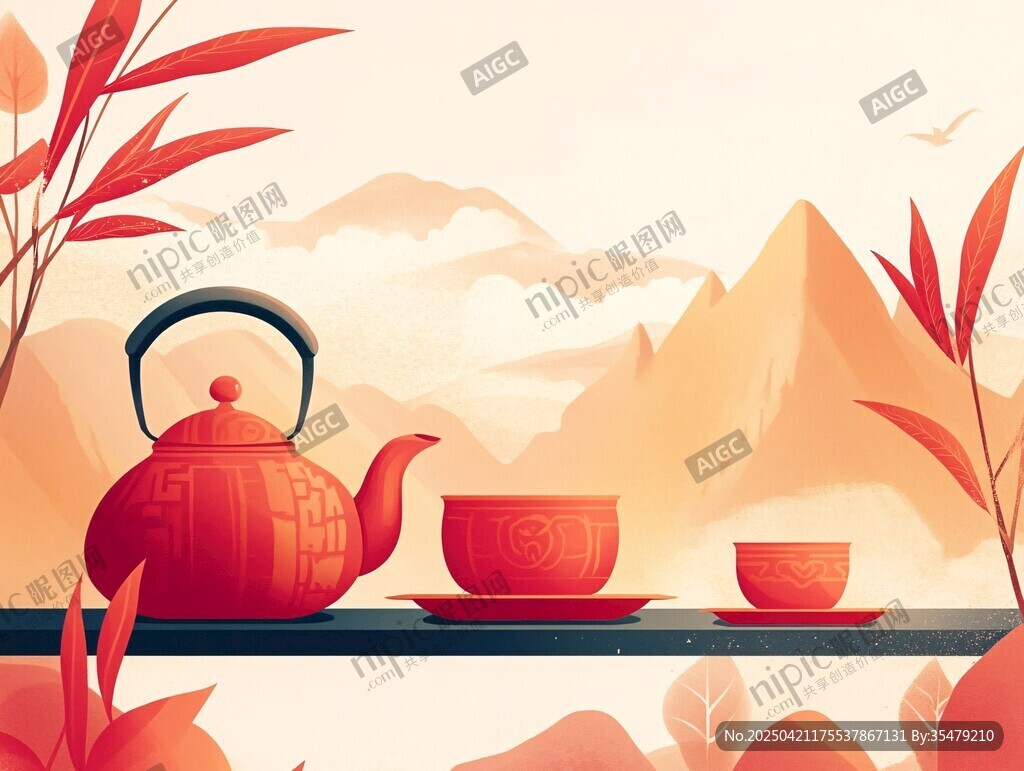 中式茶具静置于山水间