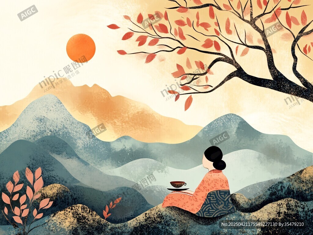 女子山间品茶赏秋景