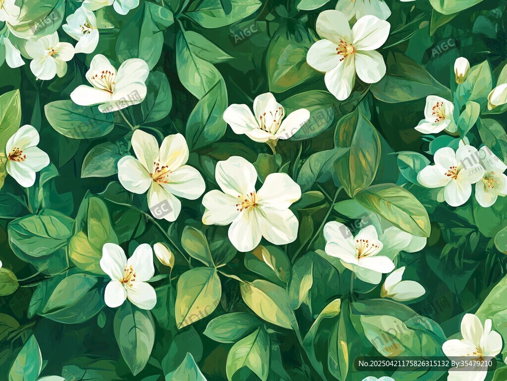 洁白花朵点缀翠绿叶片