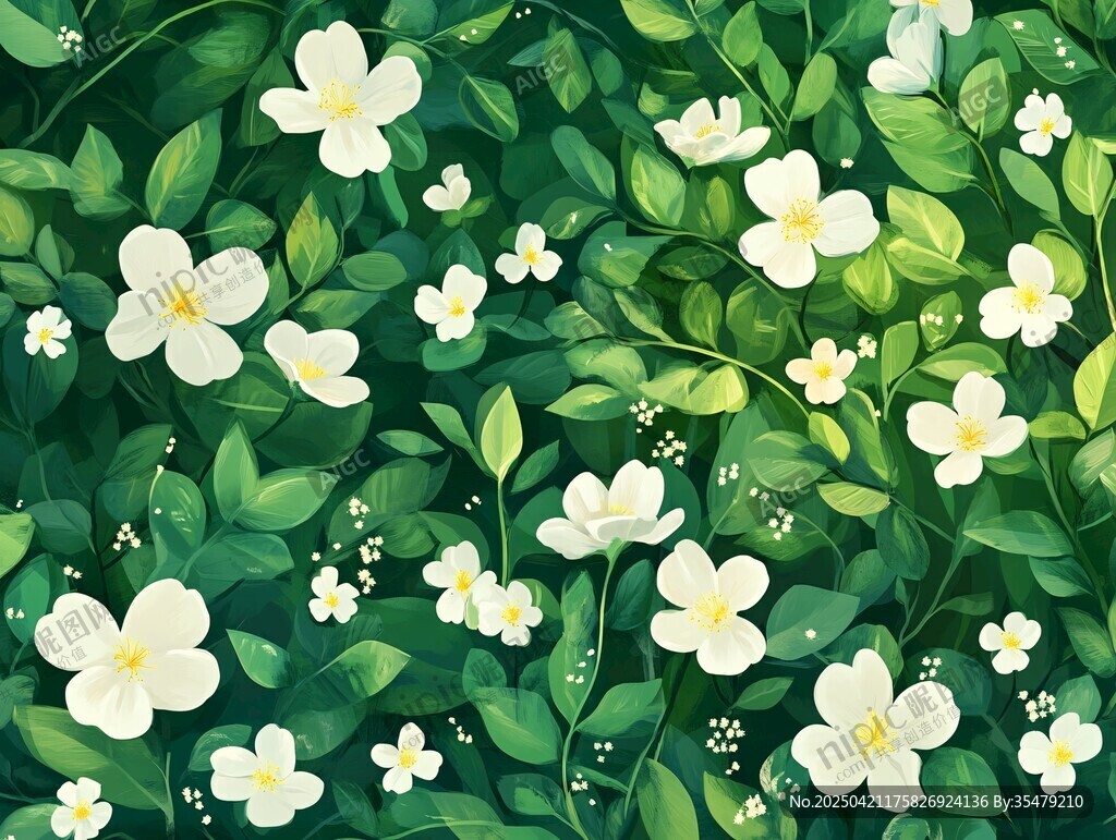 清新白花绿叶植物图案