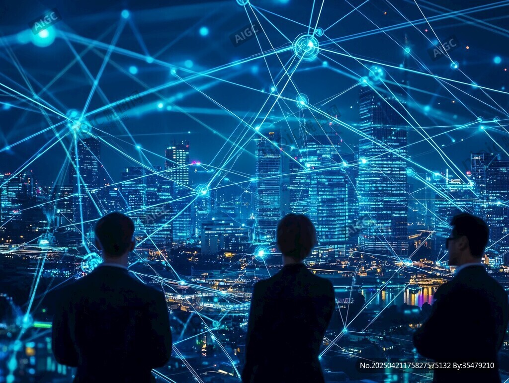 三人眺望科技感城市夜景