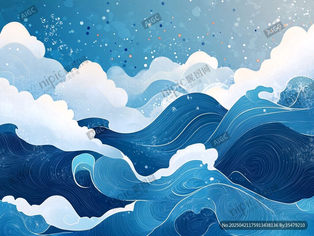 梦幻蓝色云海星空插画