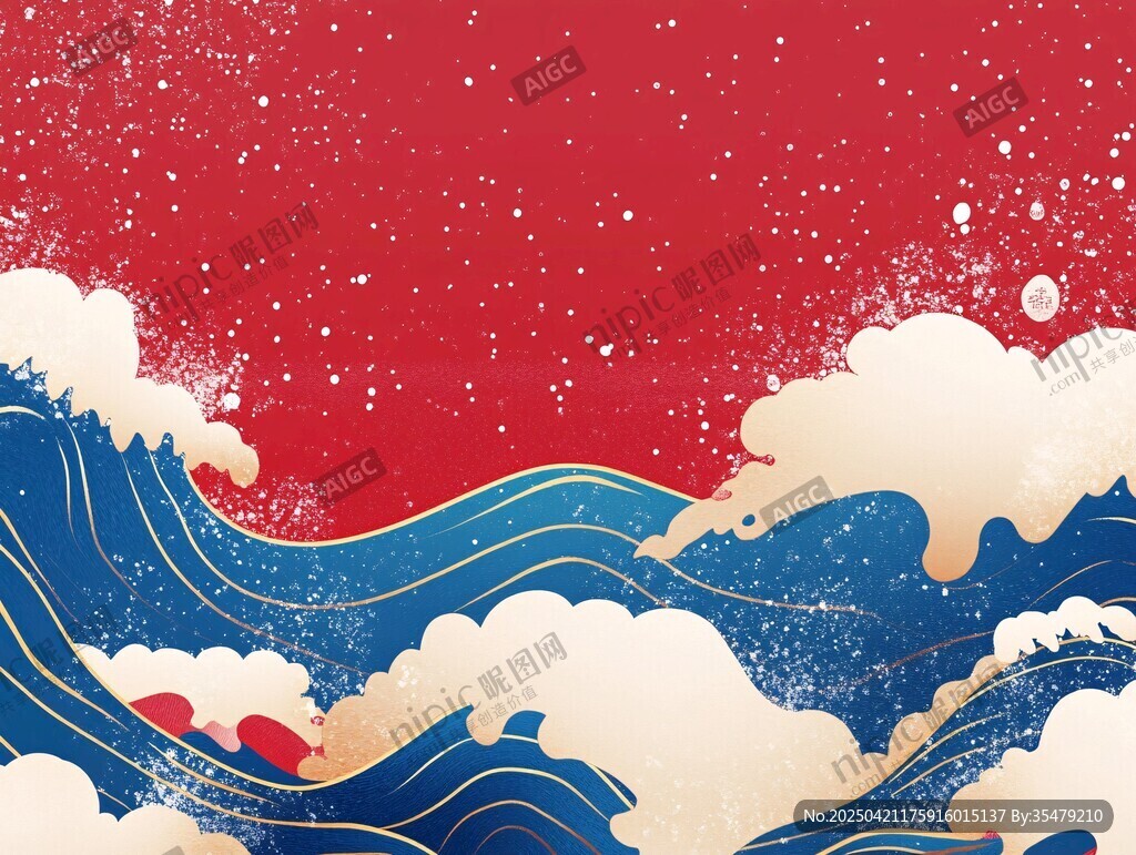 红色背景下的国风海浪图案