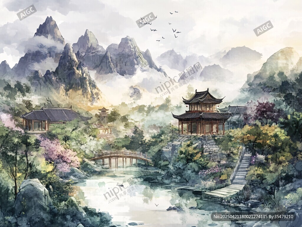 中式山水园林诗意美景