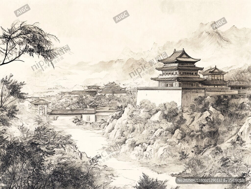 水墨古风山水建筑图景