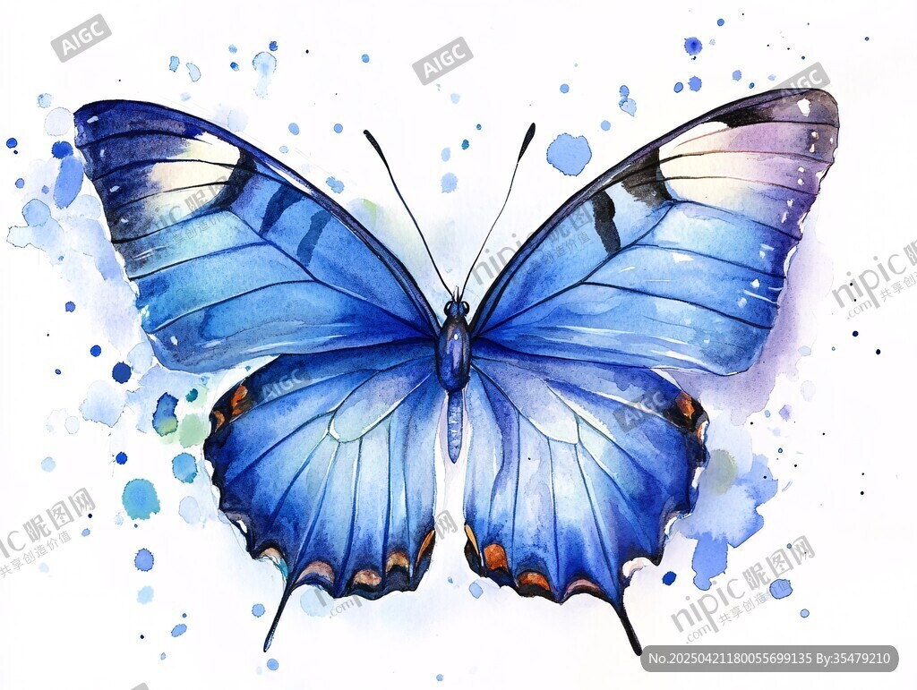 蓝色水彩蝴蝶梦幻插画