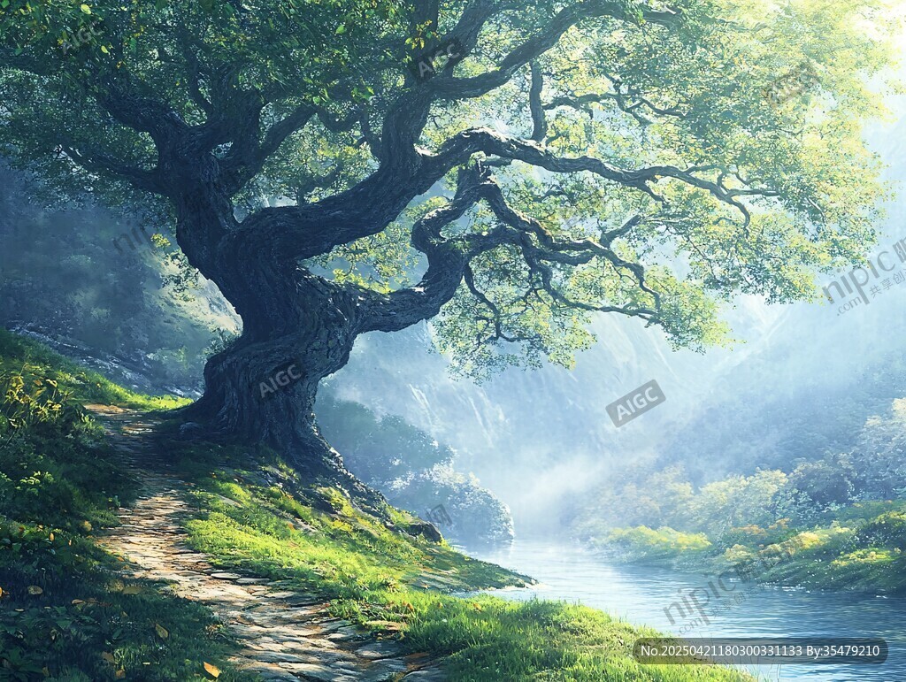 溪边巨树 自然静谧美景