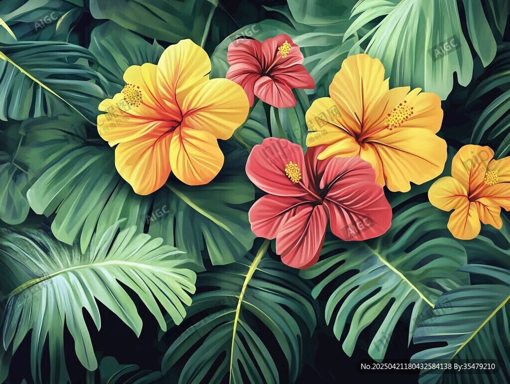 热带花卉与绿叶的绚丽组合