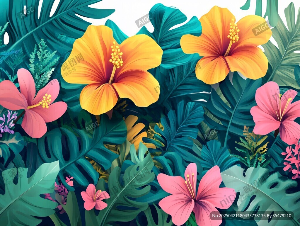 热带花卉与繁茂绿叶景观