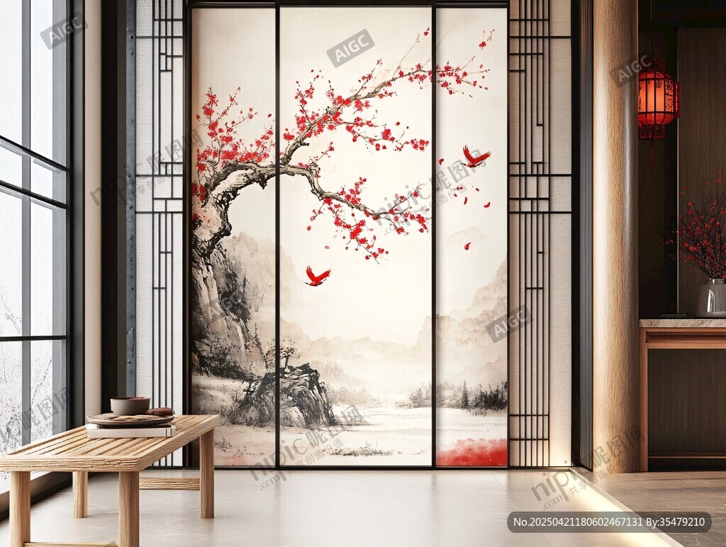 中式屏风绘红梅飞鸟美景