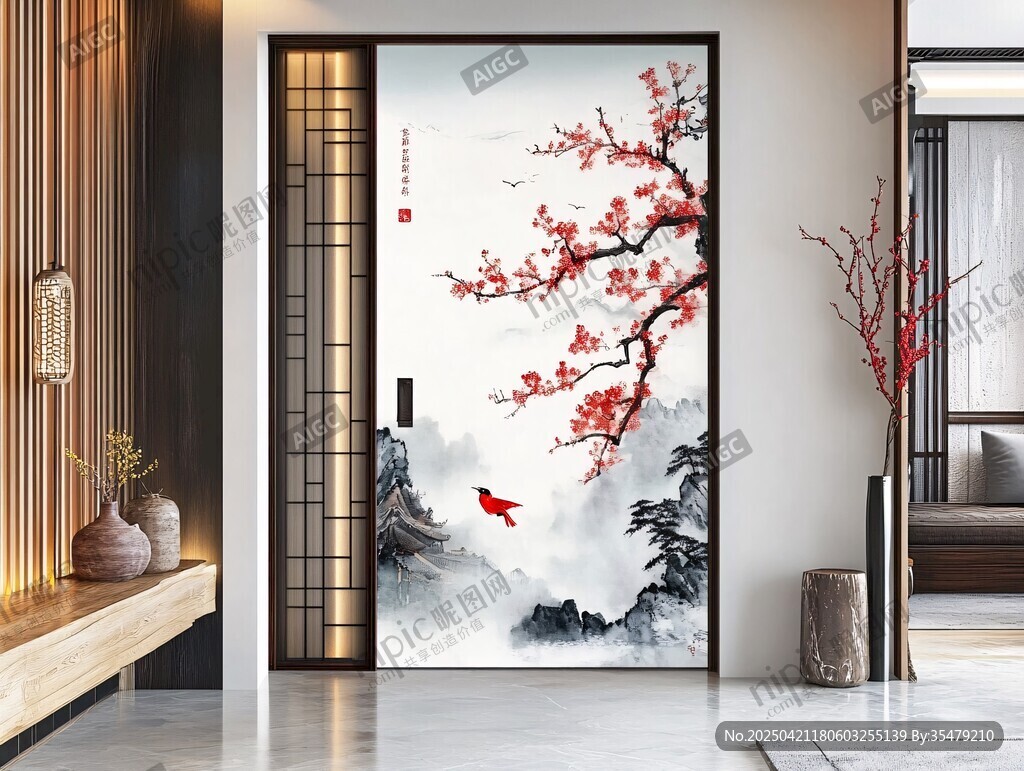 中式玄关红梅山水装饰画