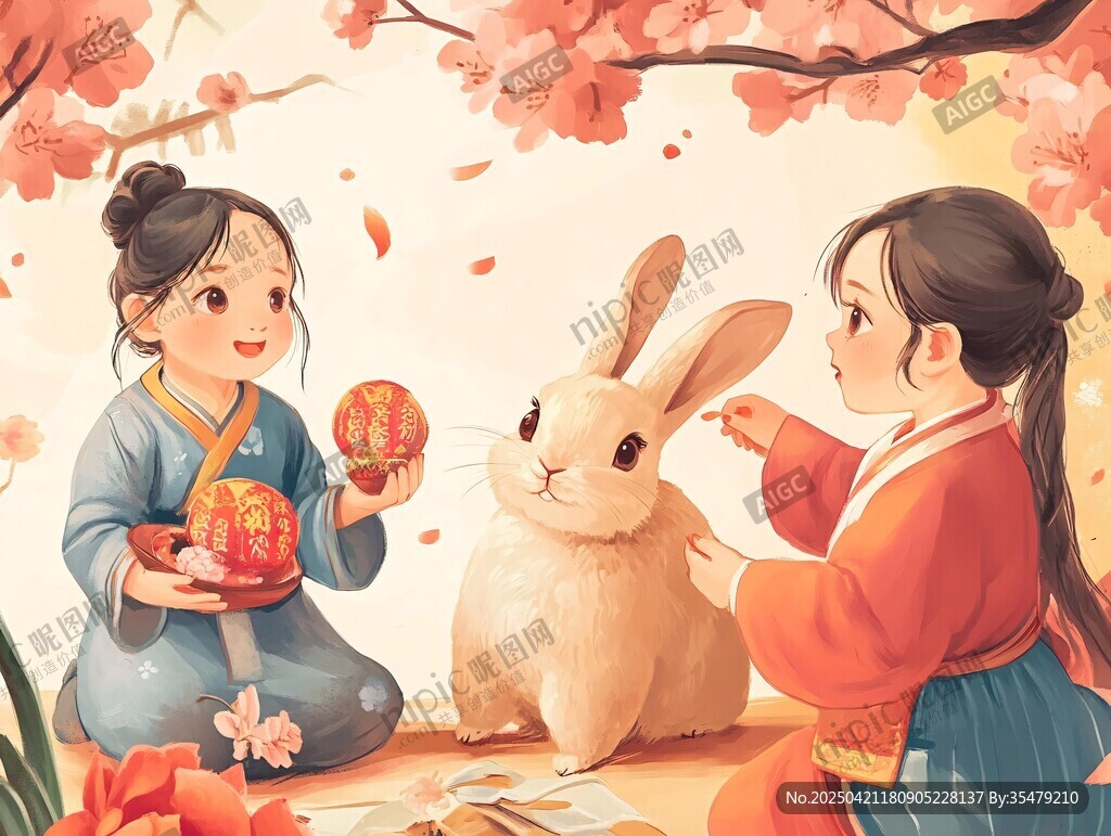 双姝戏兔共赏春景