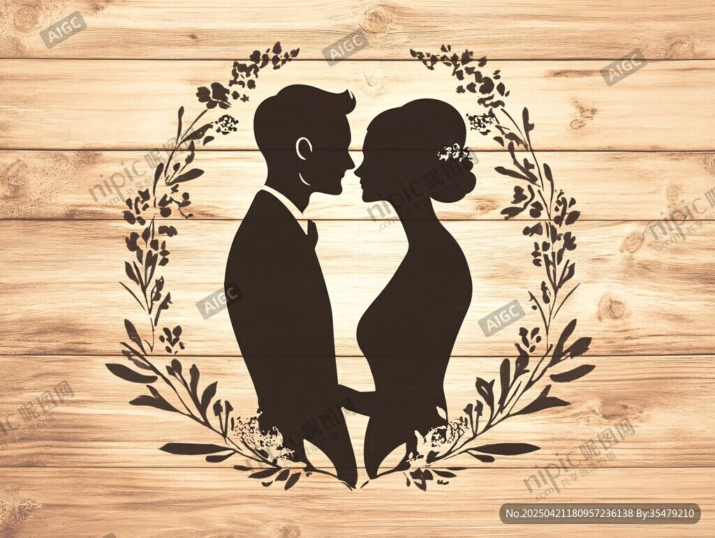 浪漫新婚夫妇剪影花环图