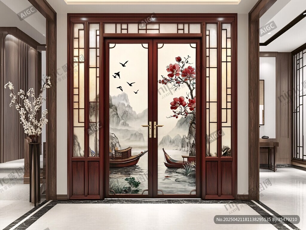 中式双开雕花艺术入户门