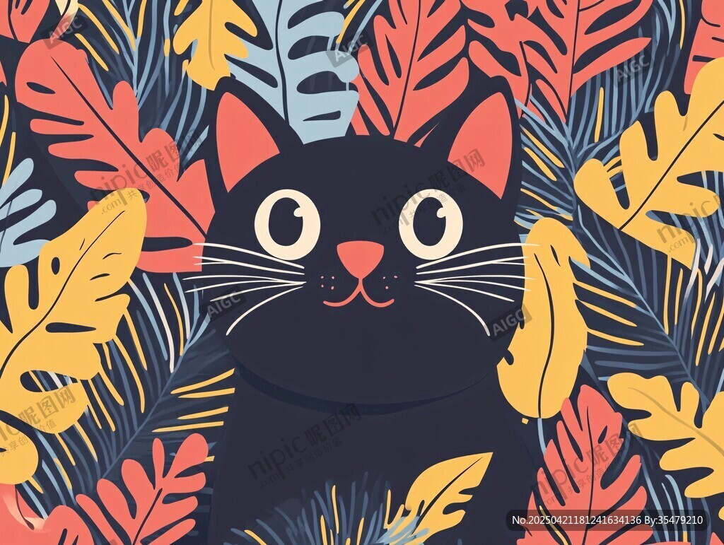 黑猫置身缤纷植物间