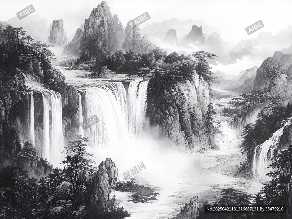 水墨山水间的壮丽瀑布景观