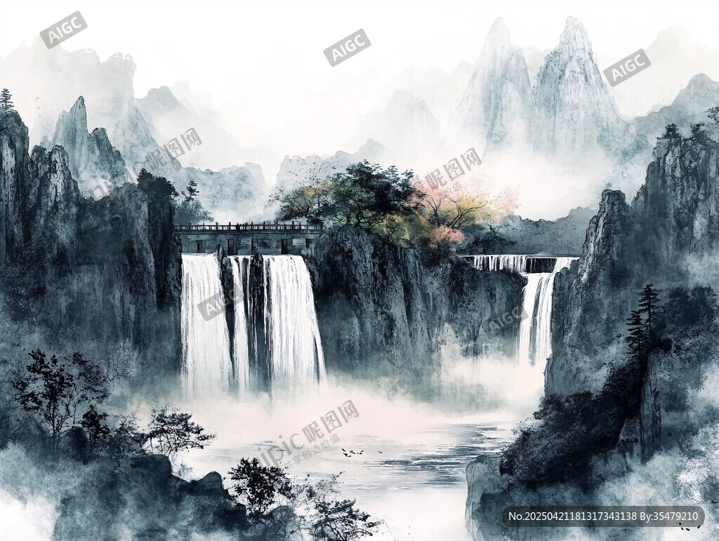 水墨山水间的飞瀑奇景