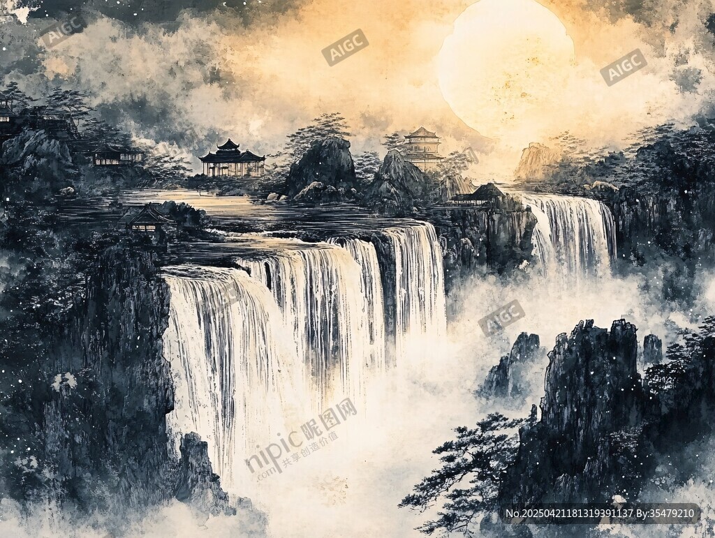 水墨瀑布山水间壮丽之景