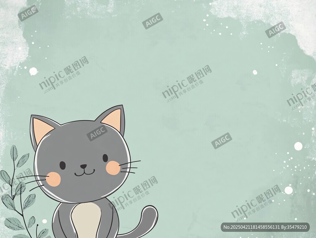 可爱灰猫的清新插画背景