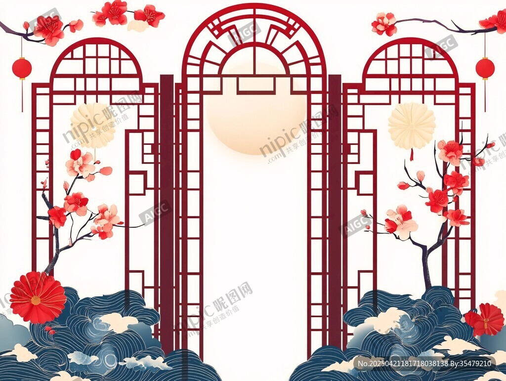 中式古典拱门花卉装饰图
