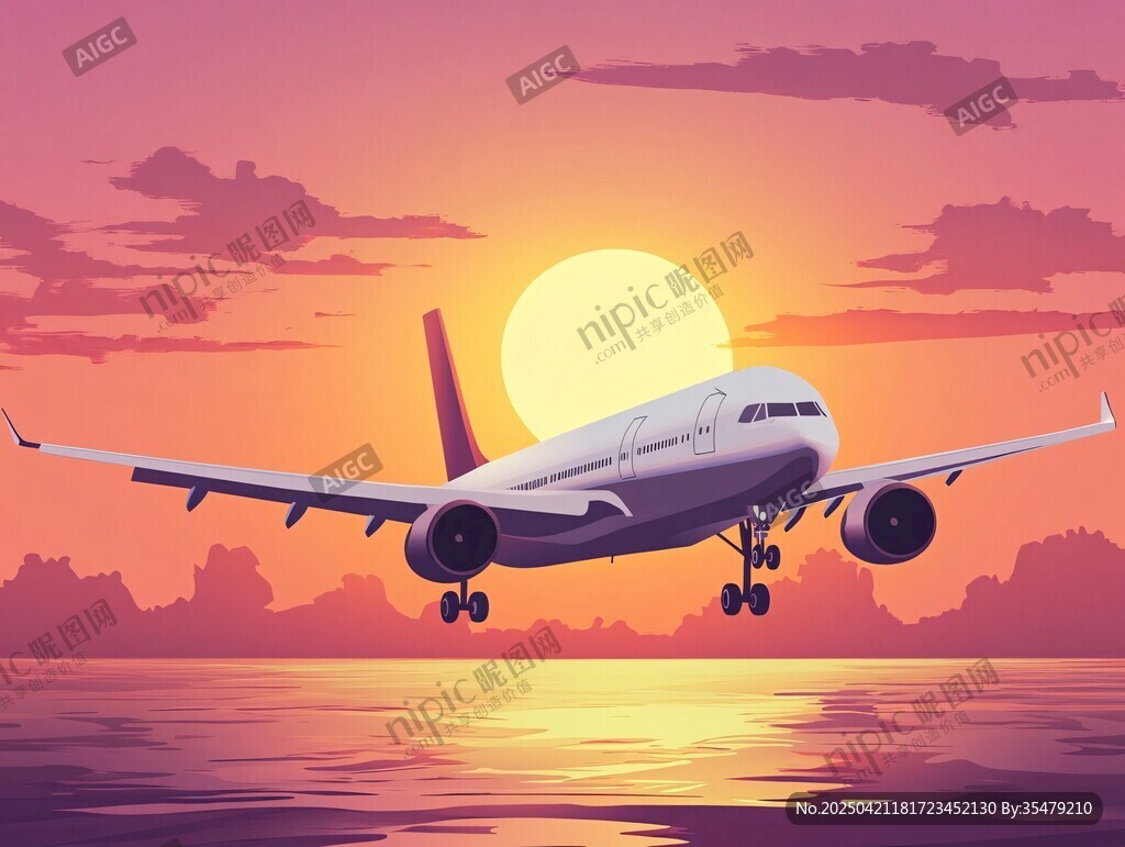 夕阳下飞机海上优雅降落