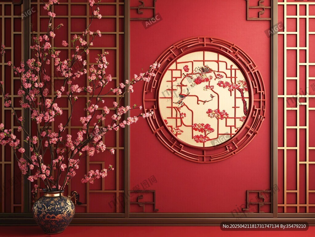 中式红墙前的雅致花卉景致