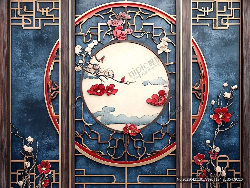 中式古典屏风上的花鸟景致