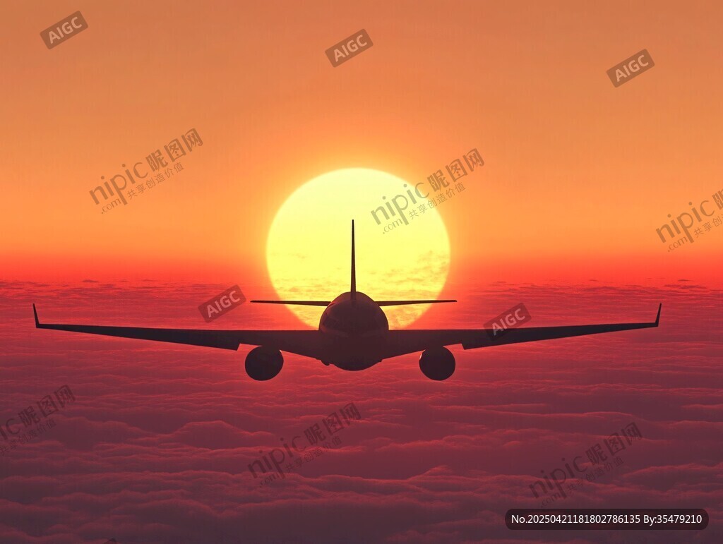 夕阳下飞机翱翔天际