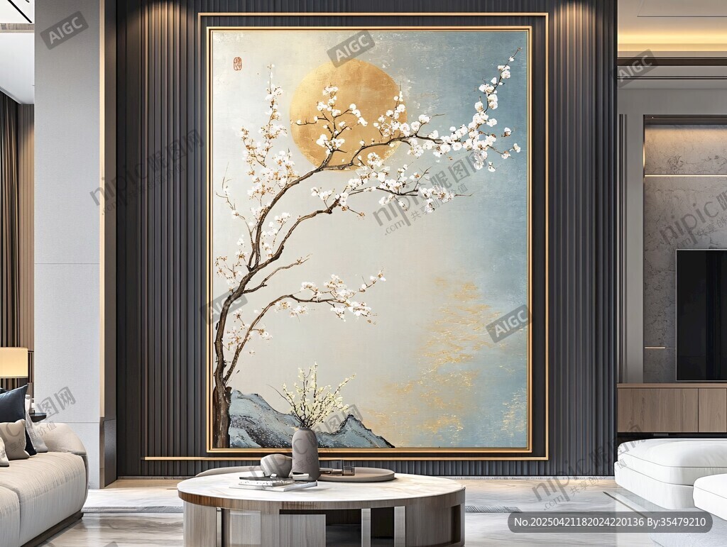 中式客厅中的唯美花卉挂画