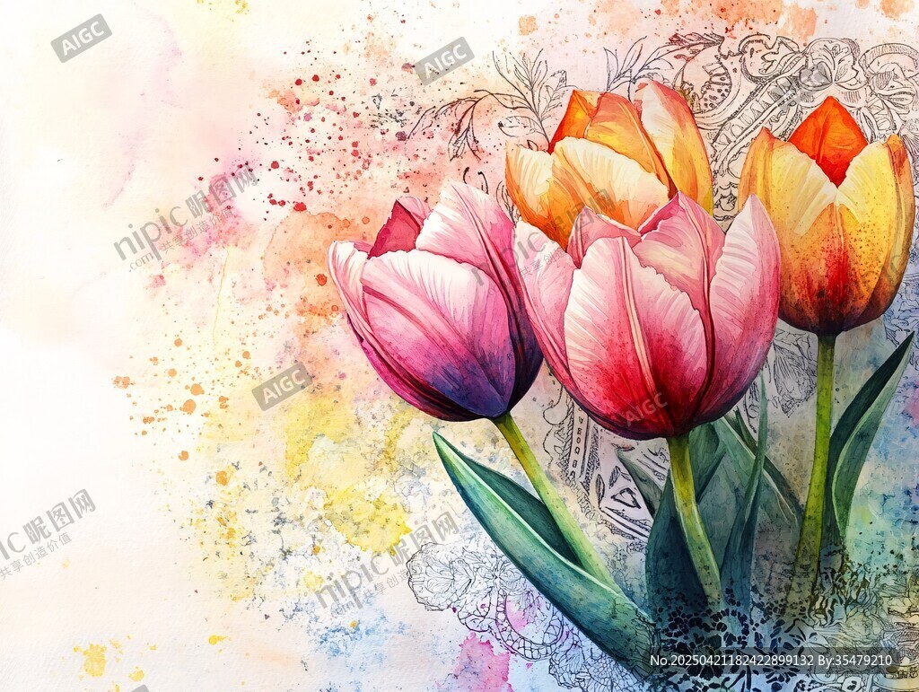 水彩风多彩郁金香花卉图