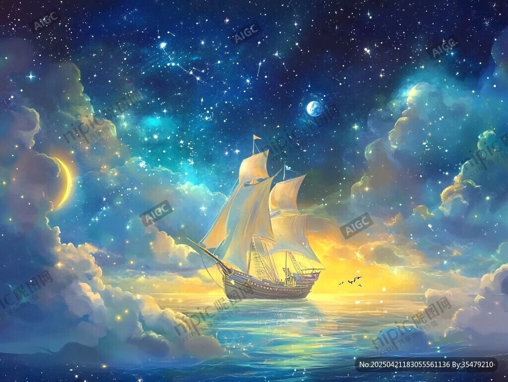 梦幻星空下的海上帆船