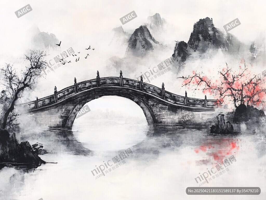 水墨古桥山水诗意画境
