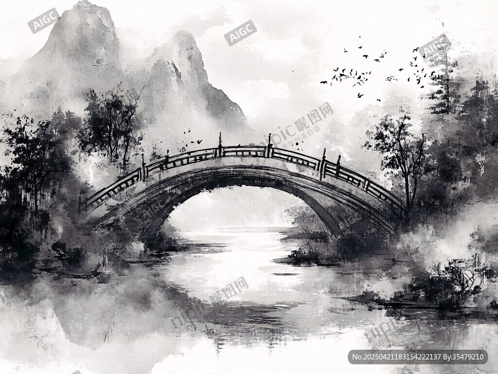 水墨山水间的古桥景致