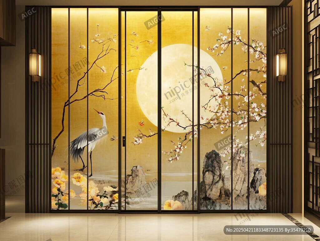 中式屏风 月夜鹤影花鸟图