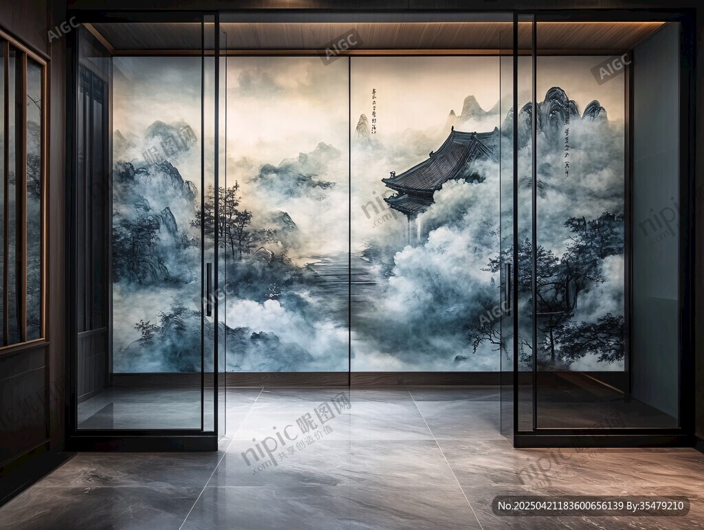 中式山水风玻璃隔断空间