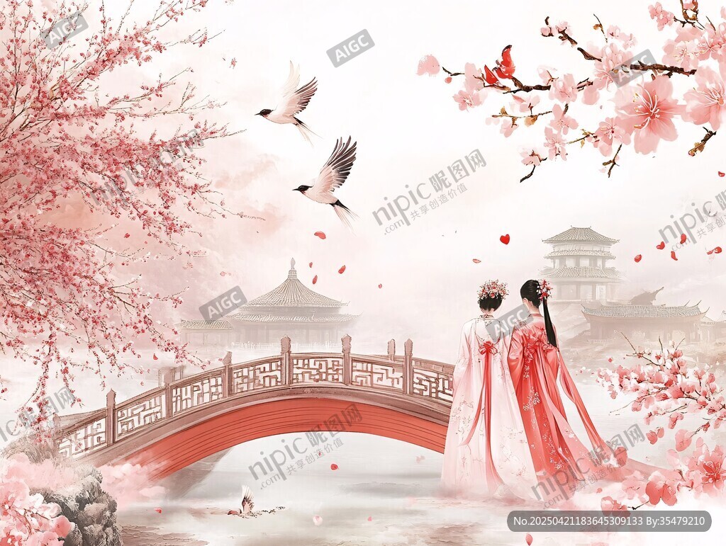 古风佳人赏春景图