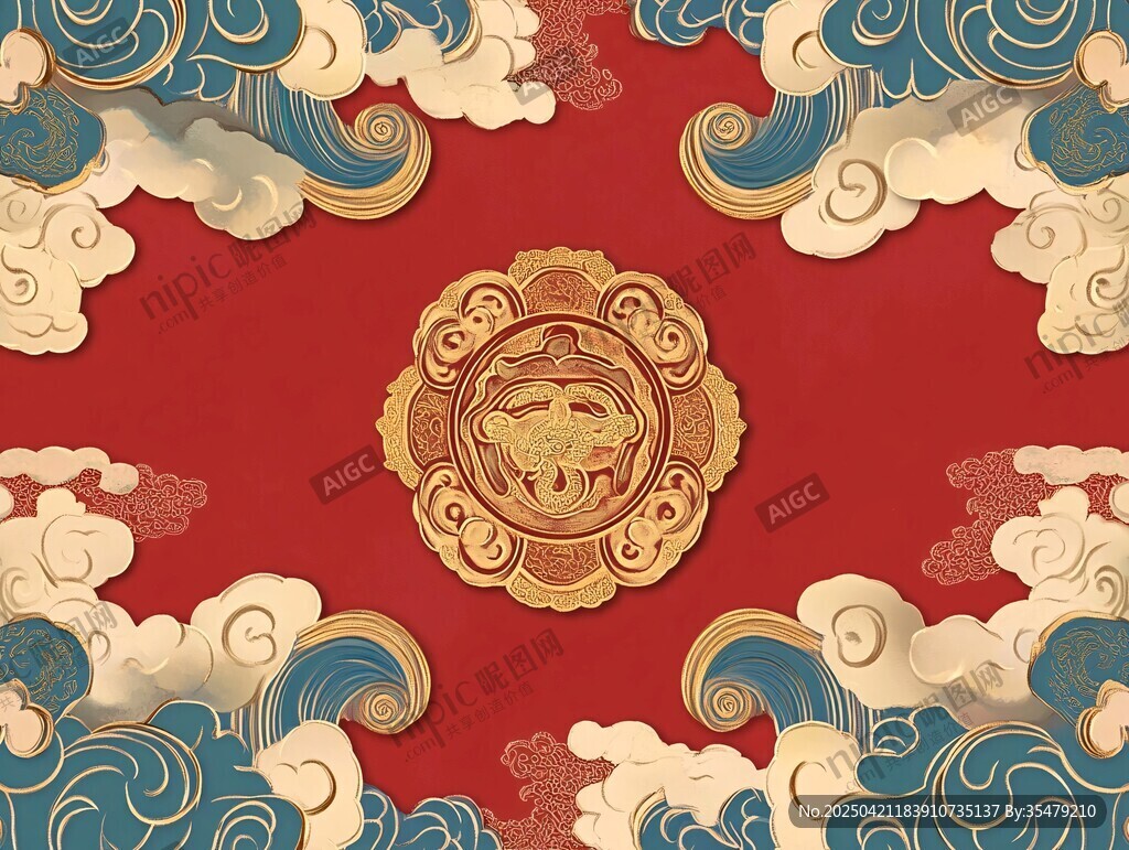 中式红底祥云金饰图案