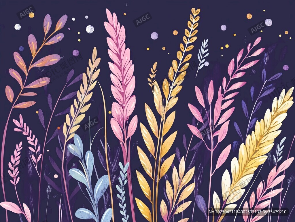 梦幻夜下多彩植物插画
