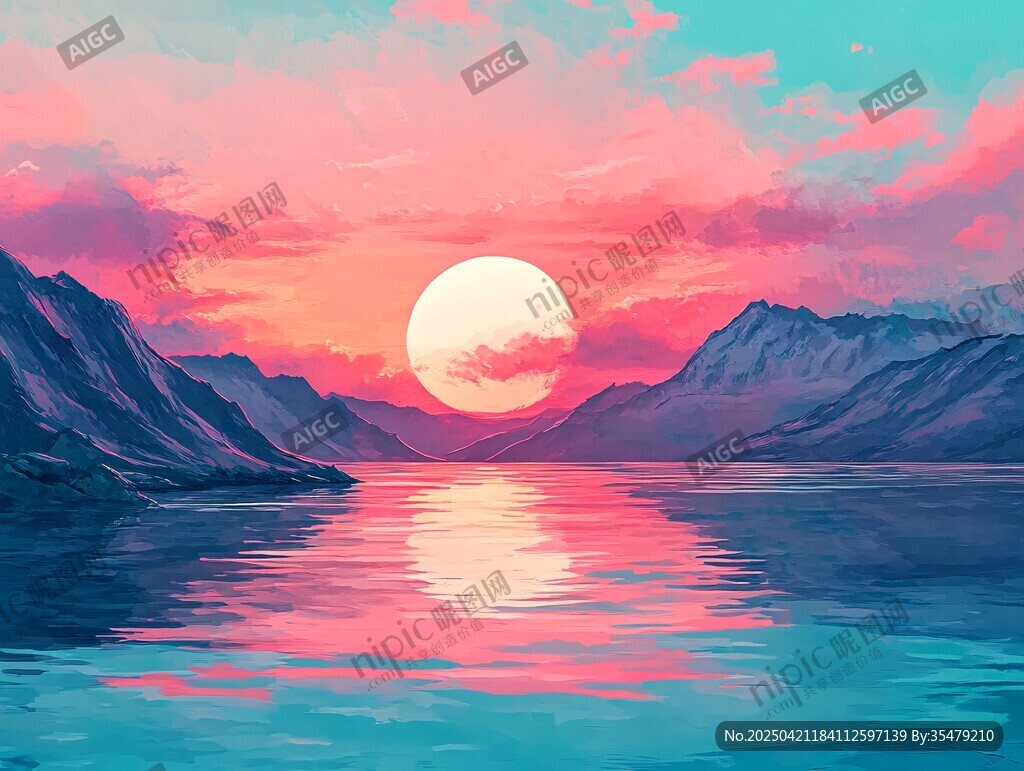 梦幻湖畔日落美景