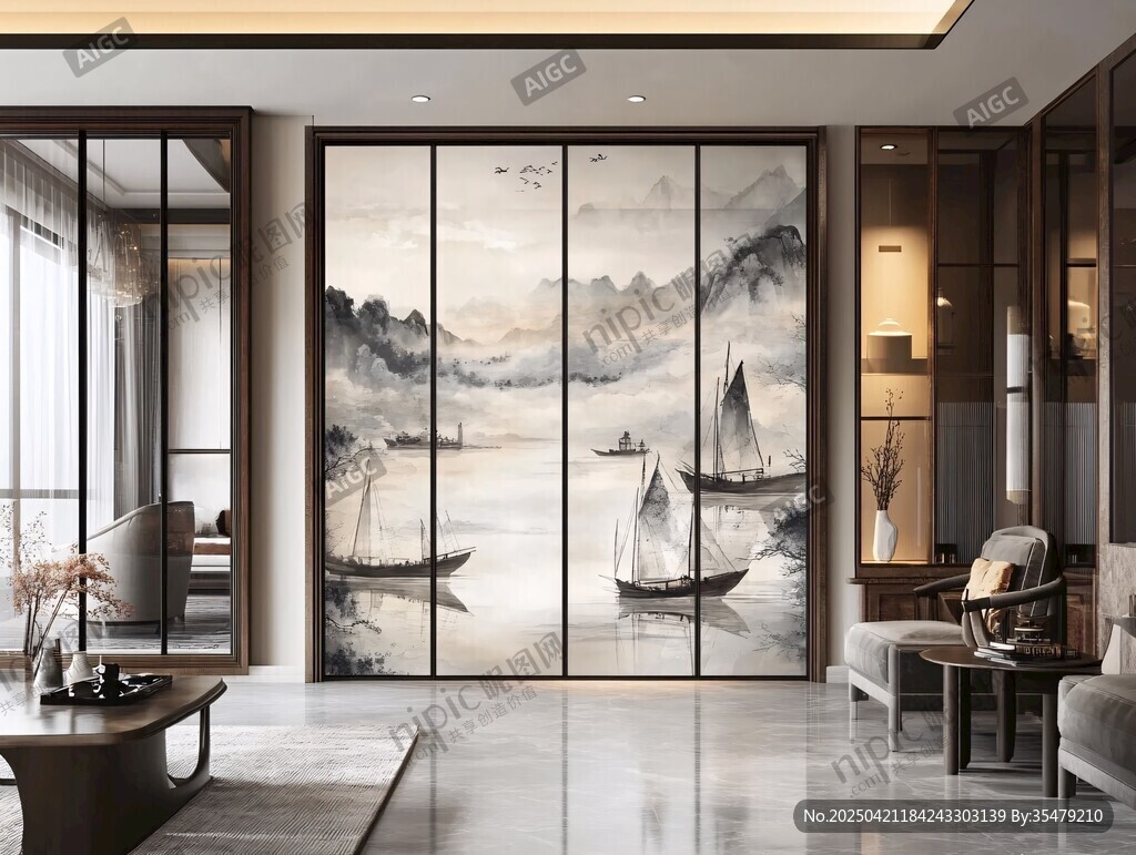 中式客厅的山水艺术背景墙