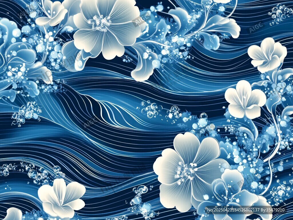 蓝白花卉海浪无缝图案