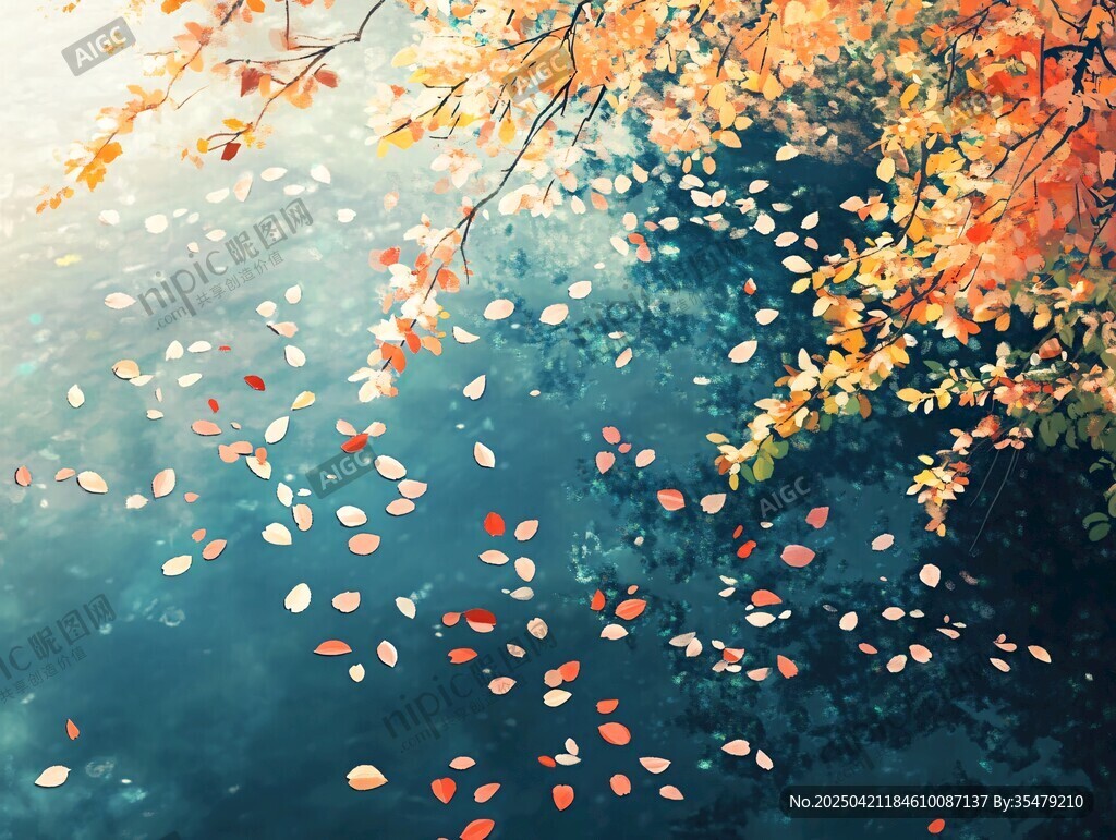 秋日落叶飘于水面美景