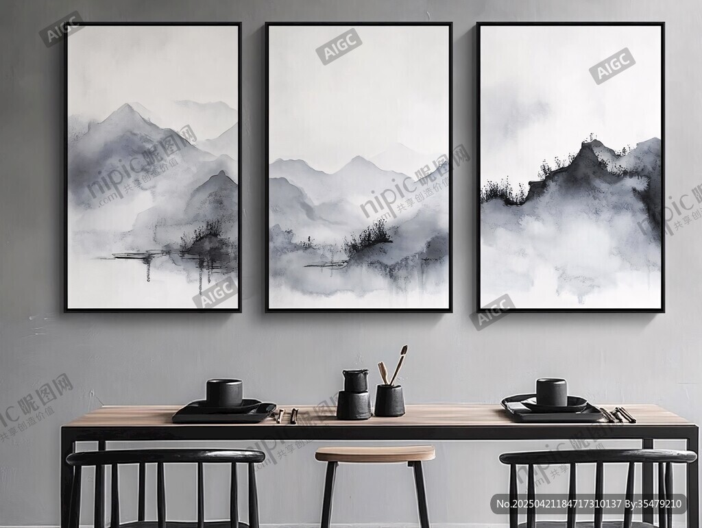 三联水墨山水装饰画