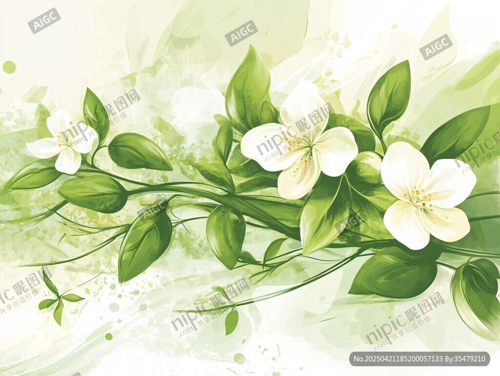 清新白花绿叶水彩插画